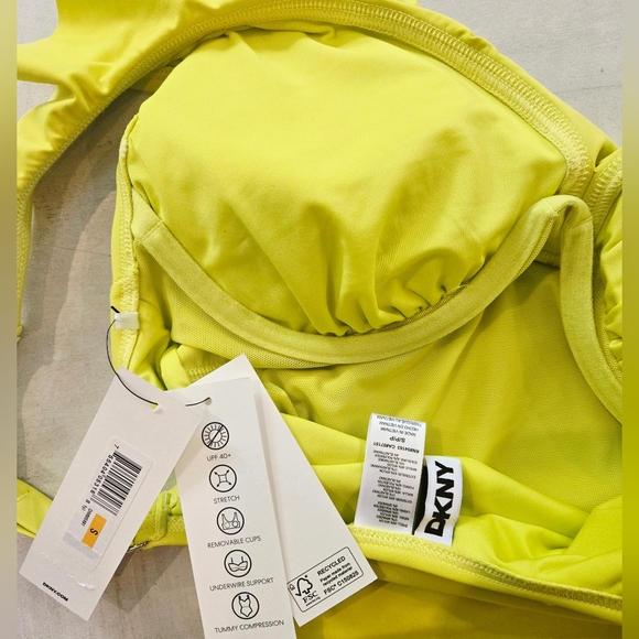 DKNY Yellow Ruched One Piece Swimsuit, Ruffles Plunge Neckline, NWT - Picture 4 of 4